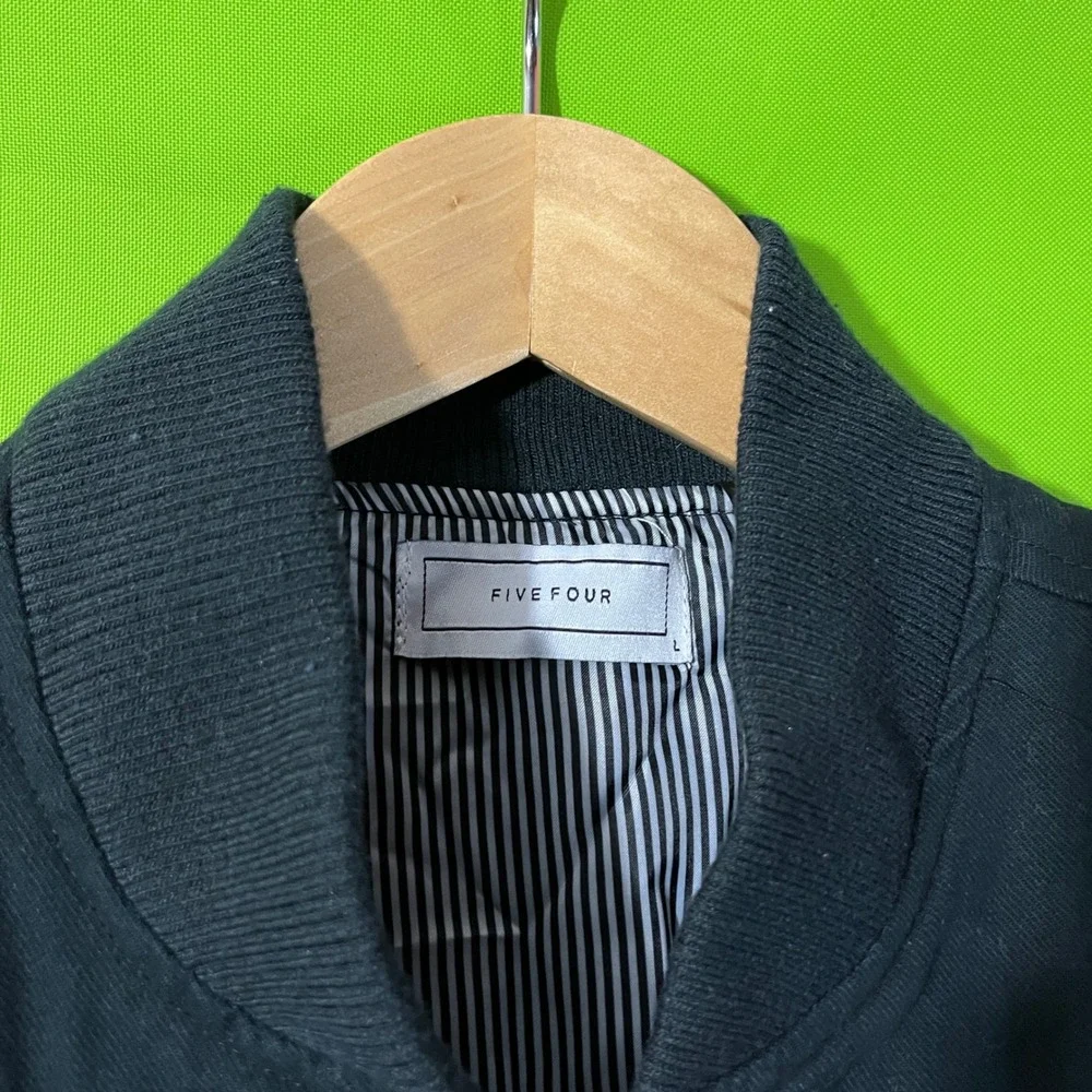 Large Five Four Black Bomber Jacket Sleeves Full‎ Zip Up Lined Striped